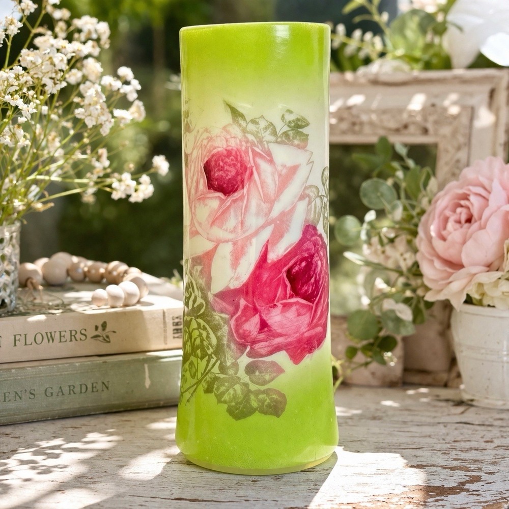 VTG Milk Glass Vase Green Ombre Pink Rose Floral 8.25" Cottagecore Shabby Chic
